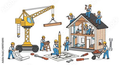 Construction workers building a house with crane and tools.