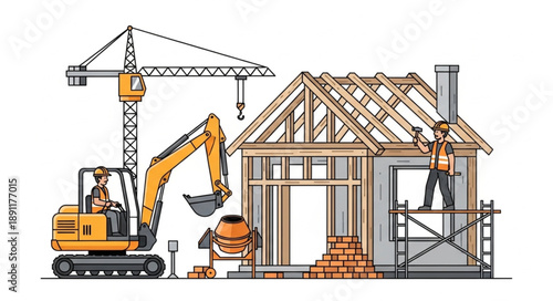 Construction site with excavator crane and house framing.