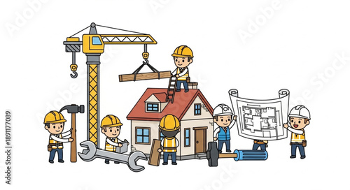 Construction workers building a house with crane and tools.