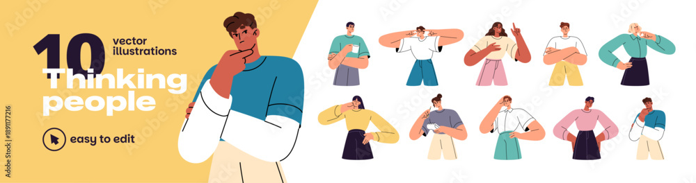 Naklejka premium Thinking people set. Thoughtful men and women. Puzzled characters doubt. Pensive girls and boys are pondering thoughts, solving problems, asking. Flat isolated vector illustrations on white background