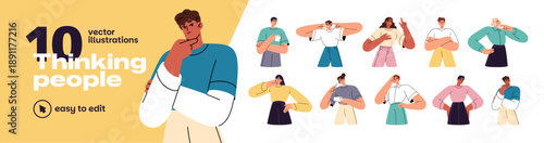 Thinking people set. Thoughtful men and women. Puzzled characters doubt. Pensive girls and boys are pondering thoughts, solving problems, asking. Flat isolated vector illustrations on white background