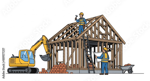 Construction workers building a house with excavator and materials.