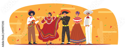 Mexican people characters for Cinco de Mayo celebration, isolated on decorative white background. Men and women in traditional clothing performing Mariachi music and Folkloric dance. Flat characters 