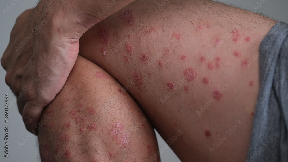 Fototapeta premium The early signs of redness on the skin that then dries and flare up to become Psoriasis Guttate on leg.