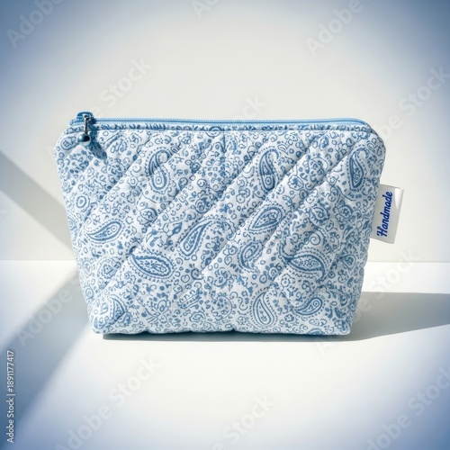 Quilted blue paisley pattern cosmetic bag with zipper and tag makeup bag toiletry bag