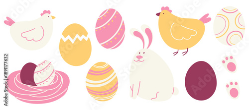 Cute Easter Collection with Bunny, Chickens, Nest and Colorful Eggs