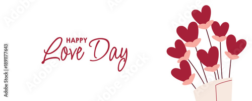 Cute Valentine Banner with Heart Flowers Bouquet and Happy Love Day text
