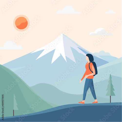 A woman with a backpack hikes through a scenic mountain landscape during a bright sunny day, enjoying the outdoors and nature