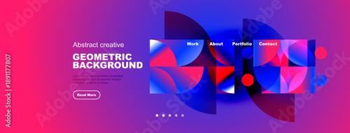 Abstract website header design. Vibrant colors, geometric shapes, navigation menu present. Modern aesthetic, clean layout.
