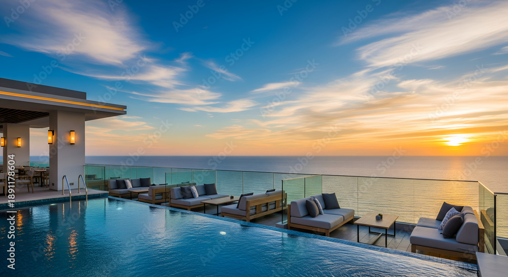 Fototapeta premium Modern seaside resort with infinity pool facing the horizon at golden hour, tranquil coastal scenery, premium lifestyle, summer vacation escape, and exclusive luxury travel destination