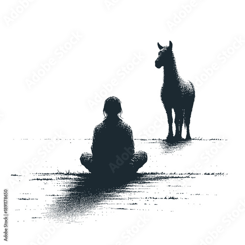 Witness Without Mercy.  Human figure on the ground, while a distant animal silhouette stands upright.