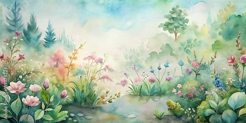 Enchanting watercolor garden landscape with wildflowers, trees, and soft sky, a magical spring scene