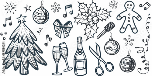 Festive christmas doodles tree ornaments champagne and holiday decorations sketch