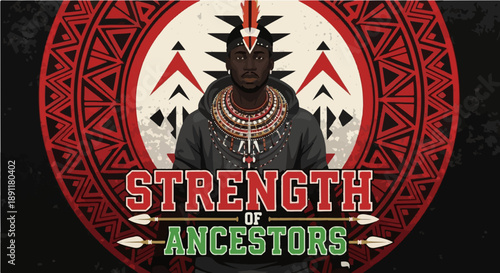 Strength of Ancestors - Powerful African Heritage Illustration with Tribal Patterns and Spears for Black History Month T-shirt Design