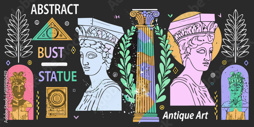 Ancient greek busts and columns abstract design with botanical elements