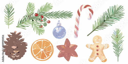 Watercolor christmas elements pine branches ornaments gingerbread and citrus slices