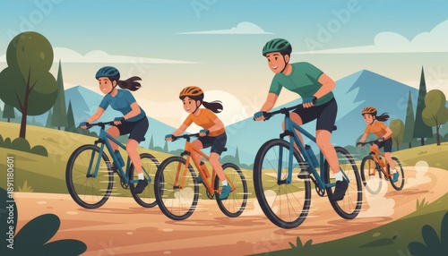 Family racing on bicycles along trail illustration with bright hills and playful family adventure vibe