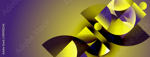 Abstract composition. Yellow, purple shapes overlap creating dynamic visual effect. Gradient background adds depth, complexity.