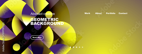 Modern website header design. Yellow, purple gradients dominate. Geometric shapes create dynamic visual interest. Navigation links present.