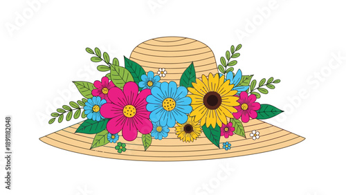 Straw hat adorned with colorful flowers and green leaves