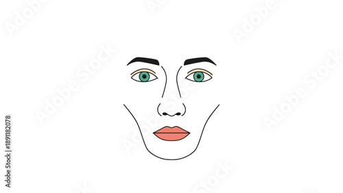 Stylized drawing of a human face with green eyes and pink lips
