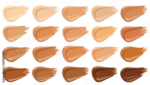 Swatches of foundation shades arranged in five columns and four rows