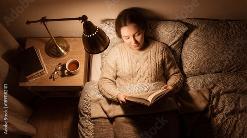 A woman relaxes in her bed,...