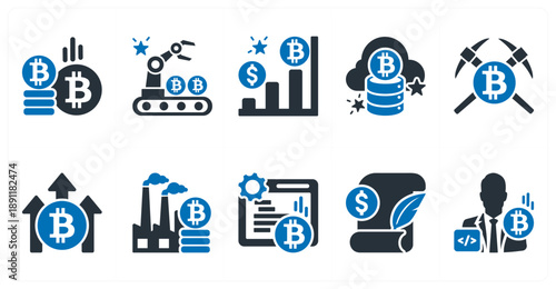 A set of 10 mix icons as bitcoin, mining rig, usd rate