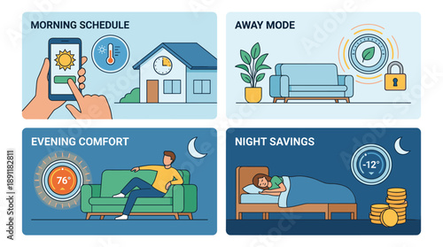 Set of four flat vector illustrations showcasing smart home thermostat features: morning schedule app control, eco-friendly away mode, evening comfort relaxation, and night energy savings.