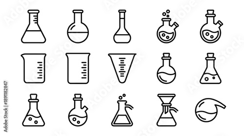 Vector Set of Chemistry Flask and Beaker Line Icons in a Minimalistic Style. Laboratory Glassware Collection for Science Research, Medical Experiments, and Chemical Education. Outline Web Symbols.