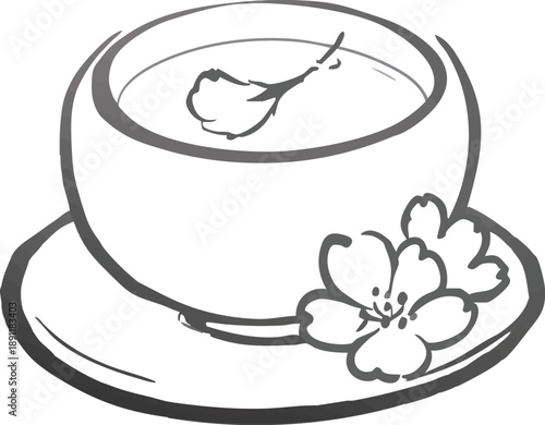 桜茶と湯呑みの和風線画イラスト.eps