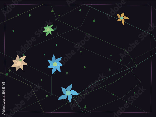 Colorful flowers blooming in dark background with geometric lines and green dots, modern minimalist style with vibrant colors