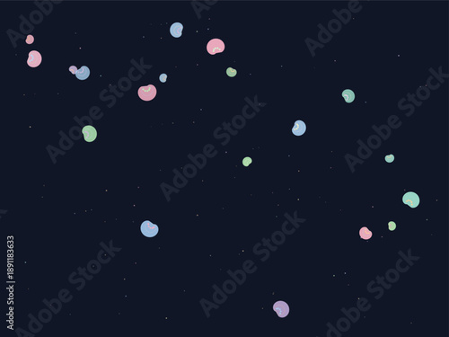 Colorful pastel dots scattered on dark background, minimalist design with soft vibrant hues