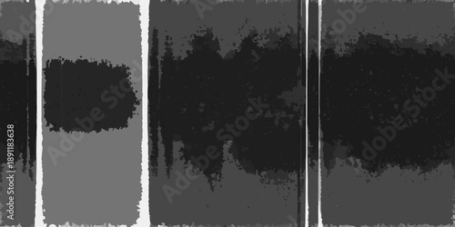 Abstract triptych featuring varying shades of gray and black forms