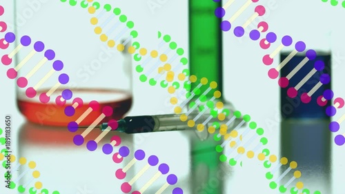 Animation of dna strands over vaccine and beaker