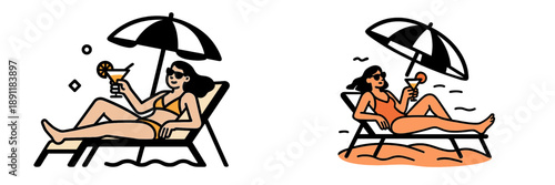 Woman relaxing under parasol at beach with cocktails in summer