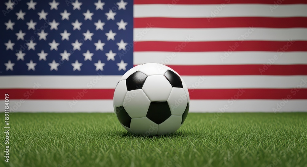 Naklejka premium Soccer ball on grass with American flag