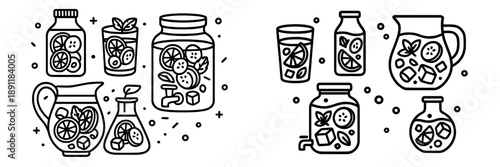 Fresh fruit beverages with mint and ice in clear jars and bottles