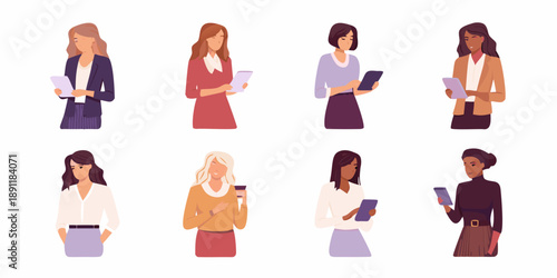 Diverse group of professional women holding tablets and smartphones