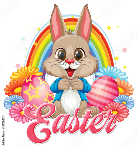 Cute Easter Bunny with Colorful Eggs Flowers and Rainbow Vector Illustration