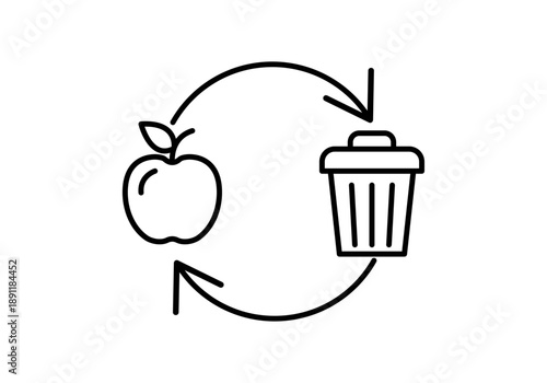 Icono lineal de ciclo de residuos alimenticios con manzana y contenedor