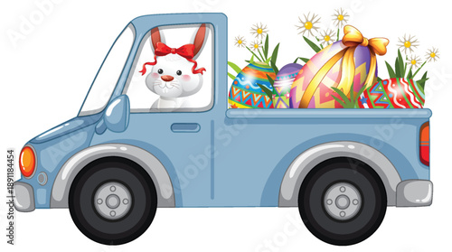 Cartoon Easter Bunny Driving a Blue Pickup Truck Full of Eggs