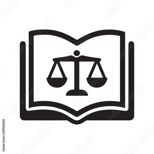 Black icon of law book with balance scales