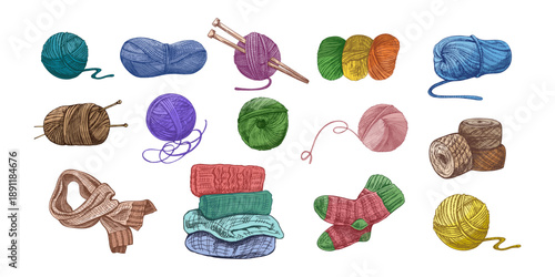 Hand drawn vintage sketch of colorful yarn balls, knitting tools, scarf, socks and wool spools, isolated vector set