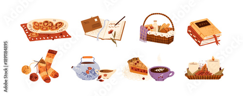 Set with autumn aesthetics. Cozy fall elements- knitted socks with yarn balls, candles, pastry, books and picnic basket. Items of home decoration. Flat isolated drawing vector illustrations on white