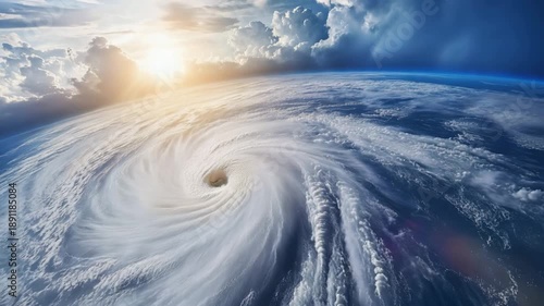 A stunning view of a hurricane from the high altitude, with dramatic clouds and a vivid sunrise