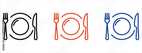 Simple line art dining icons in black, red, and blue.