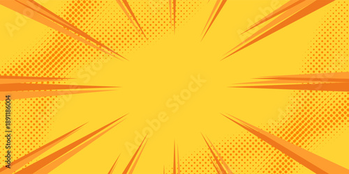 Comic pop art background. Vintage retro design. Yellow radial backdrop with halftone elements.