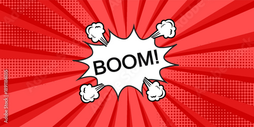 Comic pop art background. Vintage retro design. Red radial backdrop with halftone elements and bubble with text.