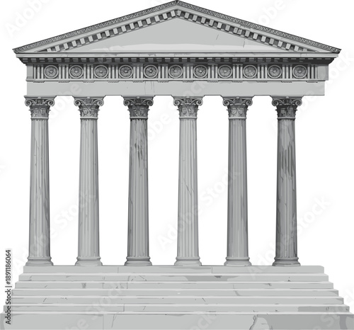 Ancient Greek temple with classical stone pillars and ornate pediment for historical architecture vector illustration design